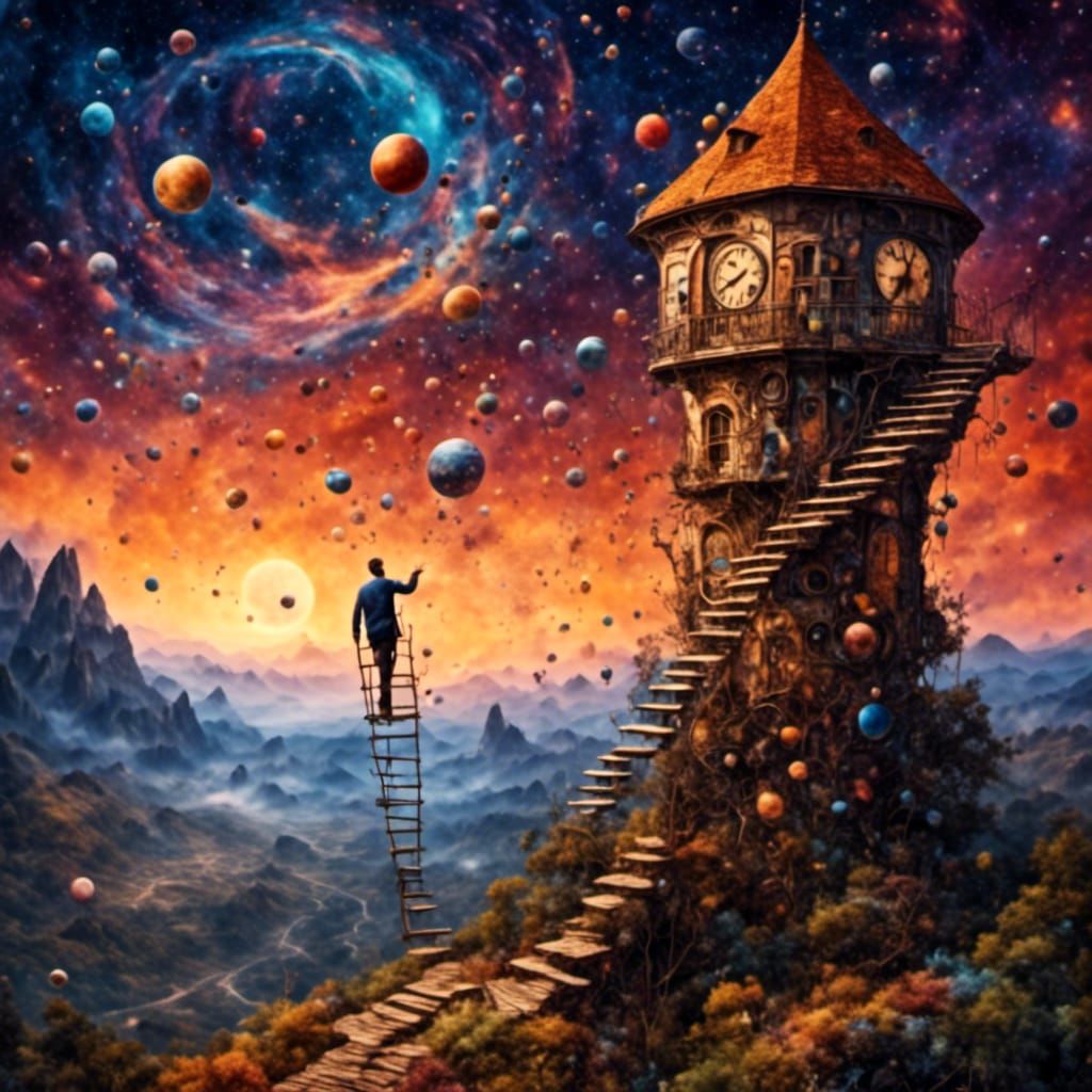 Surreal Clocktower Scene with Climbing Man and Saturn