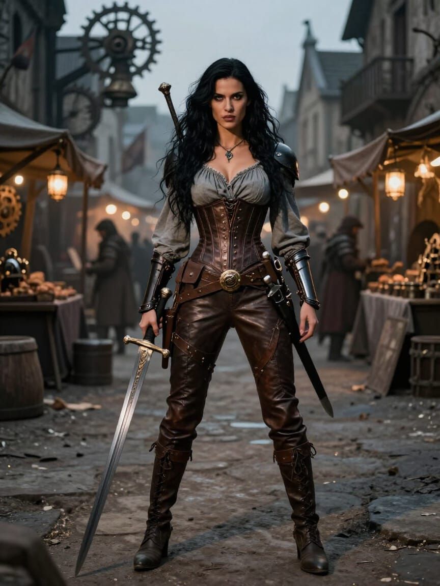 Fierce Female Mercenary with Sword in Medieval Town