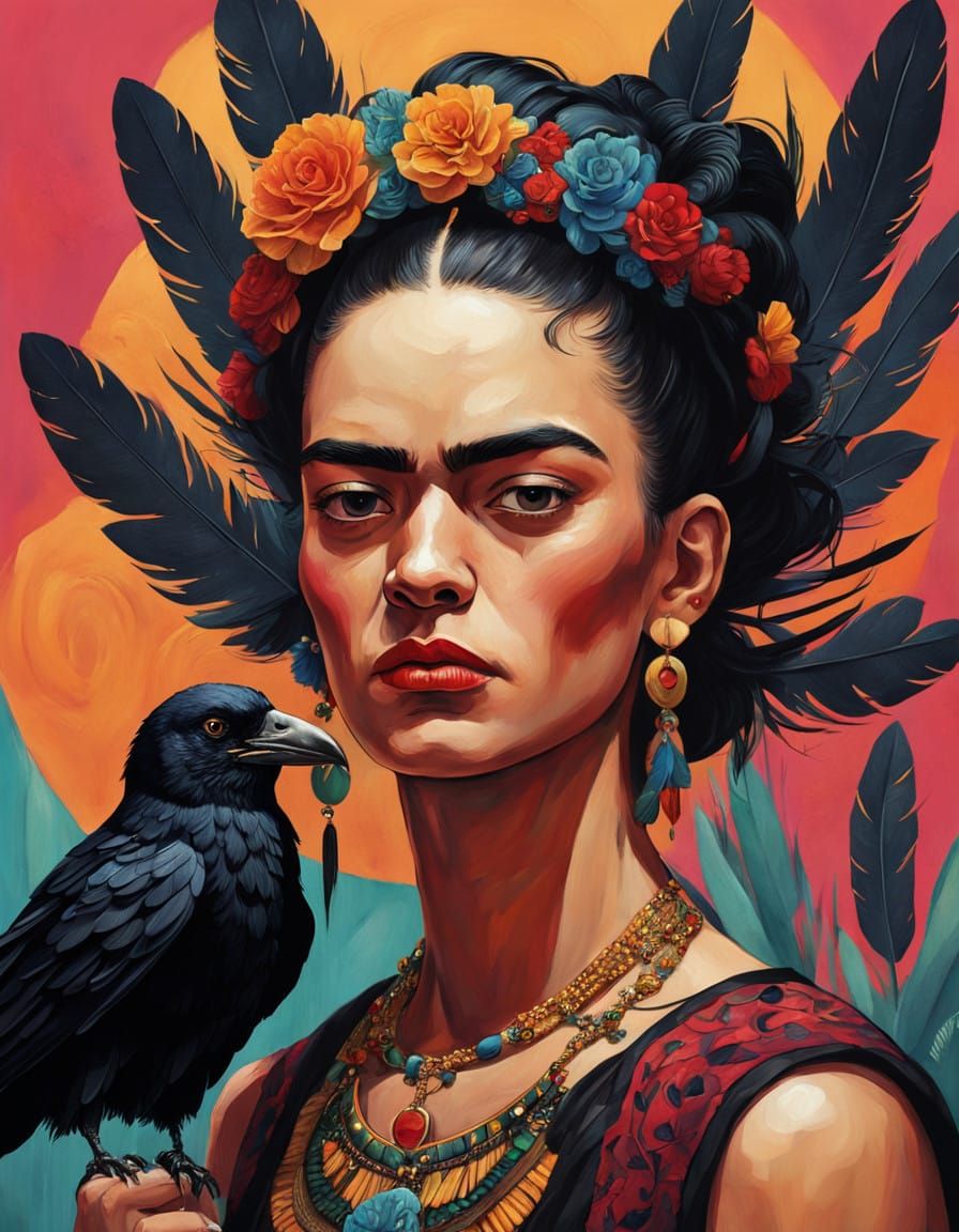 Frida Kahlo in Dramatic Concept Art Style with Raven