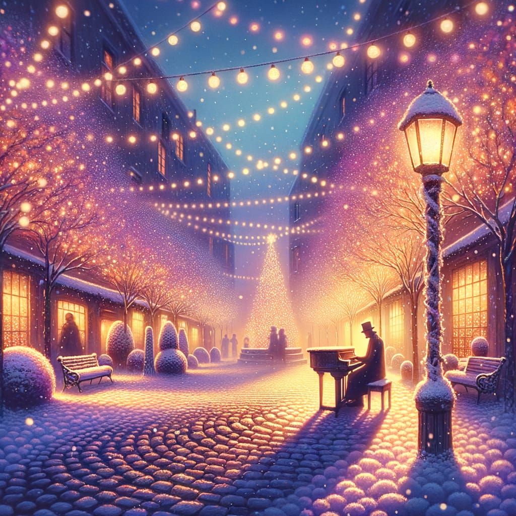 Festive Snow-Covered Town Square at Twilight