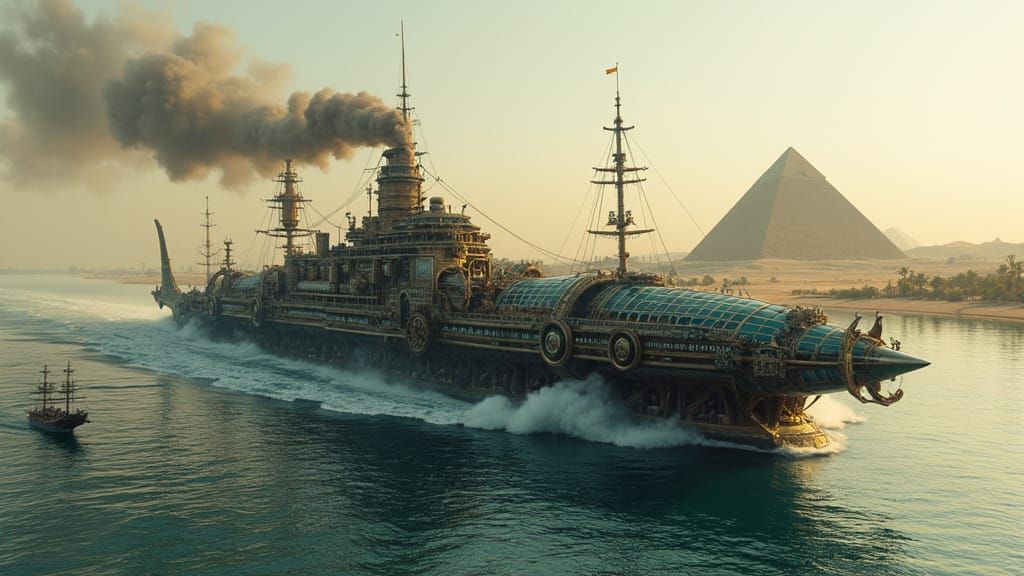 Steampunk Shark Ocean Liner Sailing Egyptian River