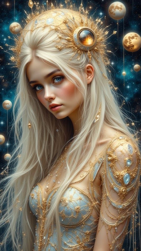 Ethereal Woman in Pre Raphaelite Sci Fi Oil Painting