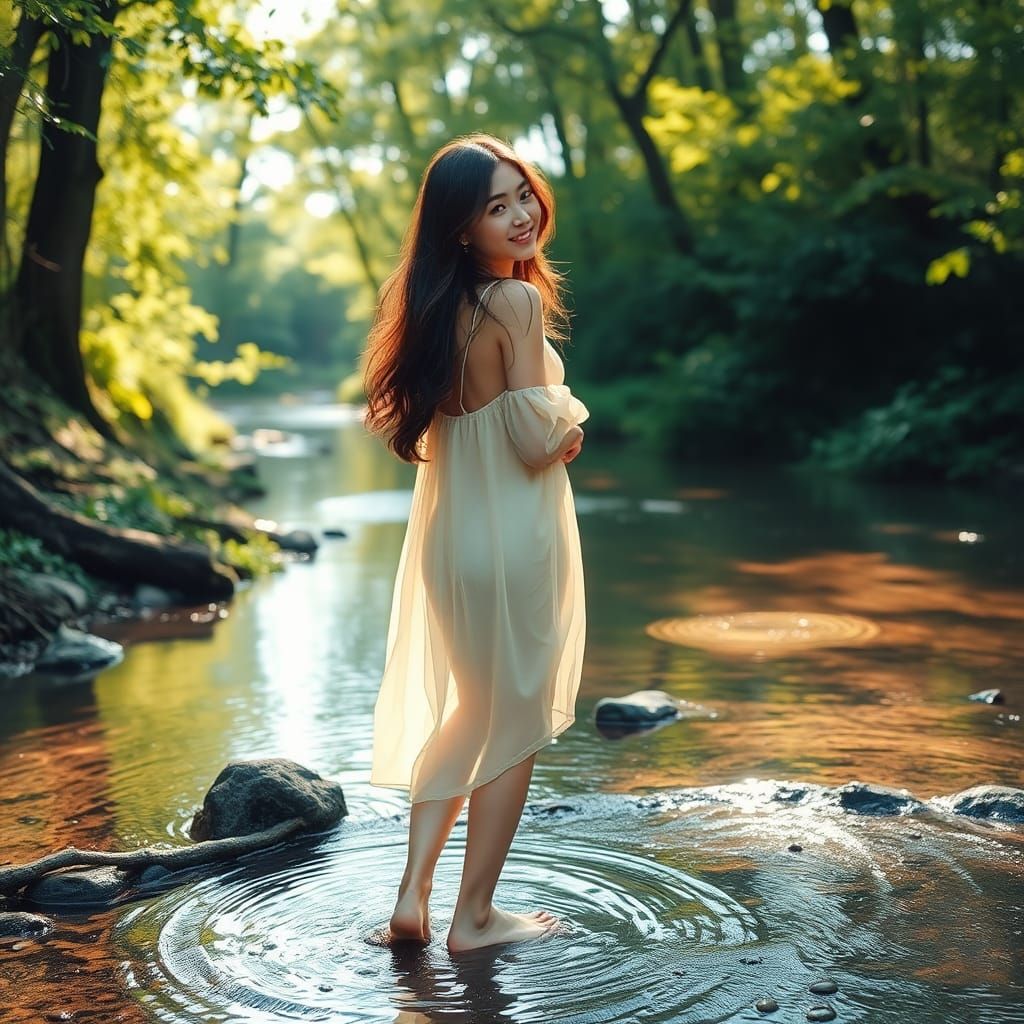 Serene Korean Woman in Fuji Style Stream