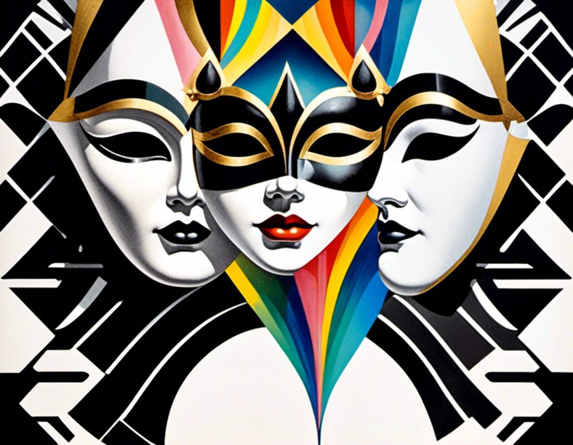 Iridescent Carnival Masks in German Expressionist Style