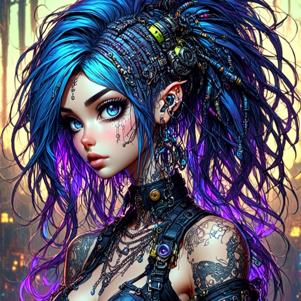 Emo Cyberpunk Girl with Braids and Circuits