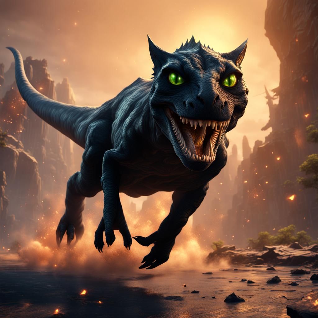 Black Cat Dinosaur Running From Meteor