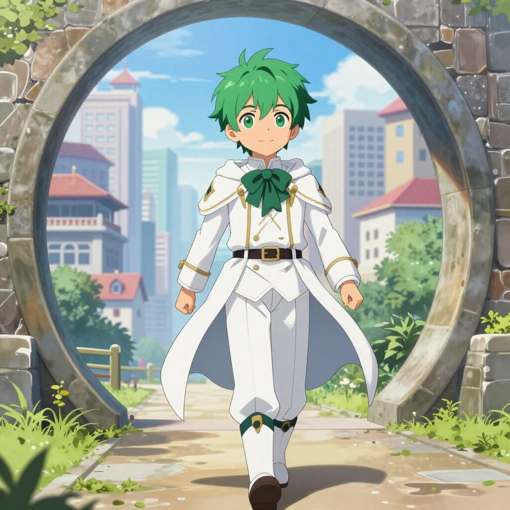 Young Boy in White Noble Attire Enters City Portal