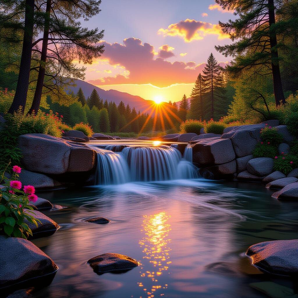 Crystal Waterfall in Golden Sunset Light