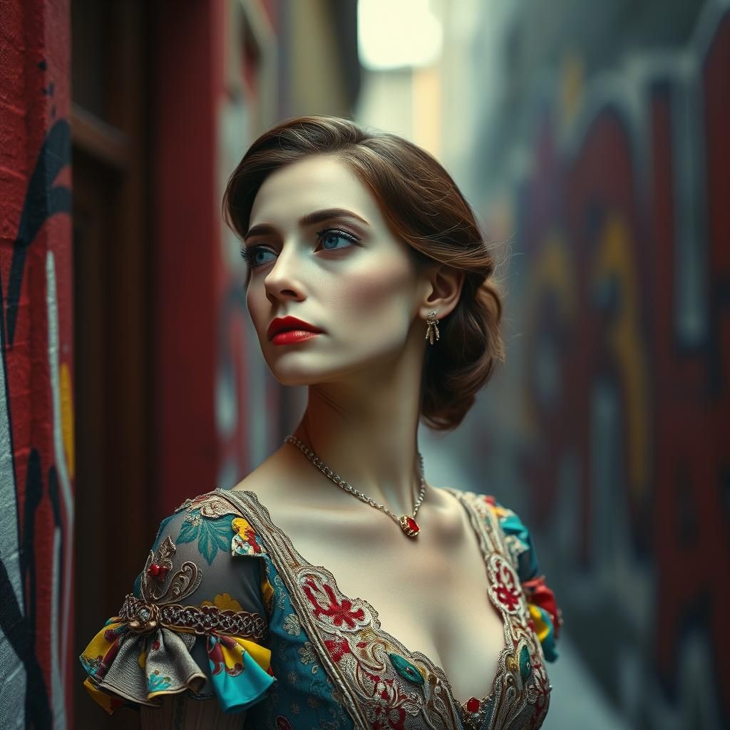 Edwardian Woman in Cinematic Still with Graffiti Art