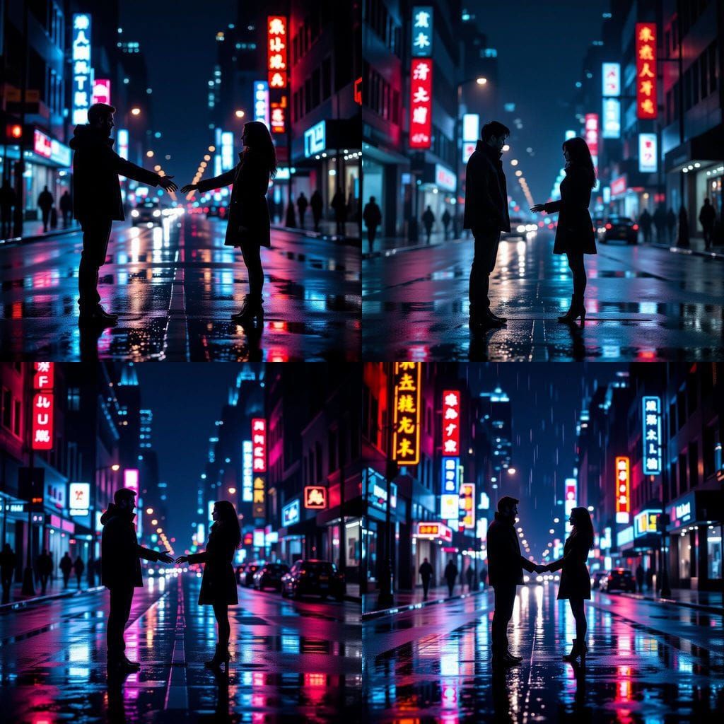 Moody City Street Couple Reaching Out at Night
