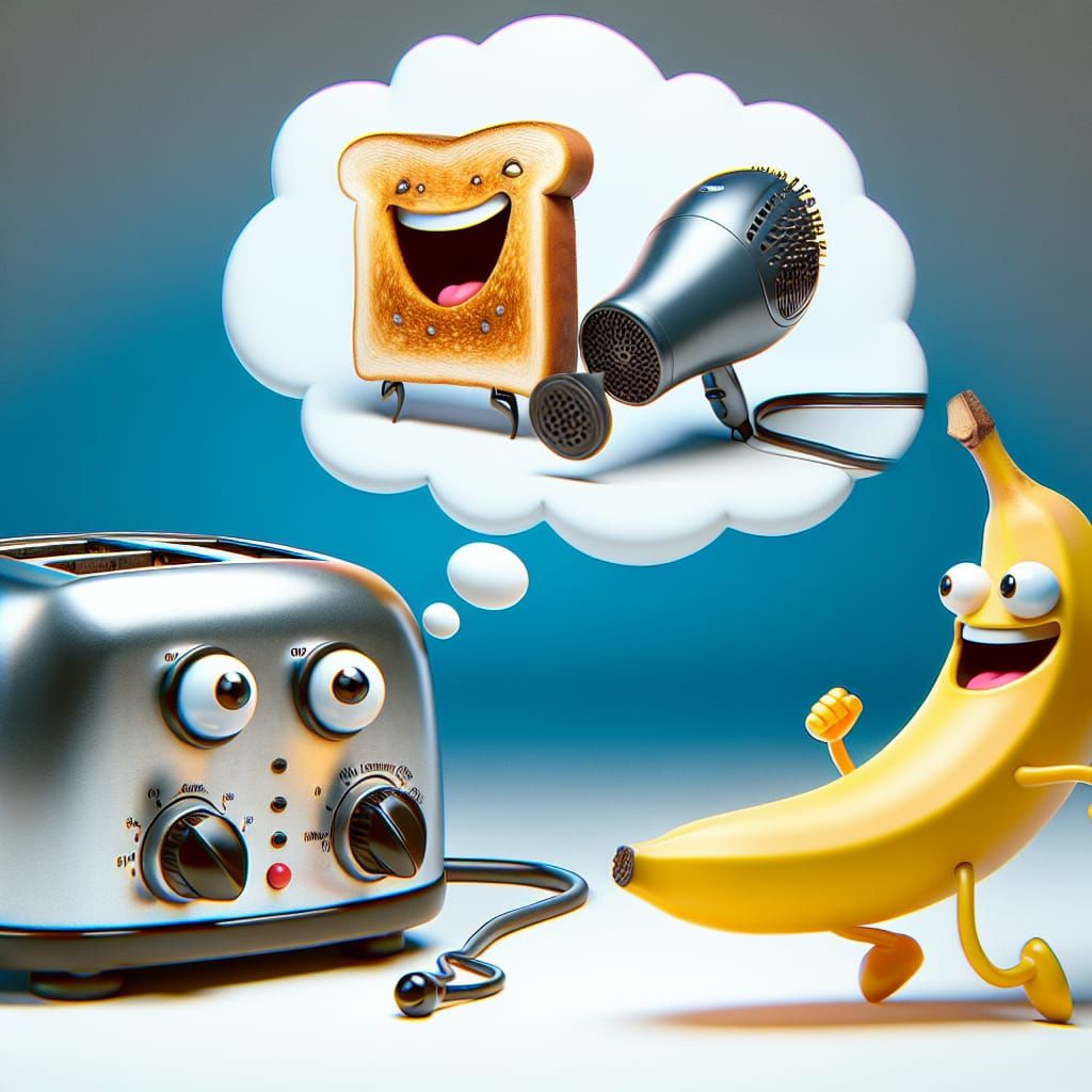 Humorous Cartoon: Chatting Appliances and Running Banana