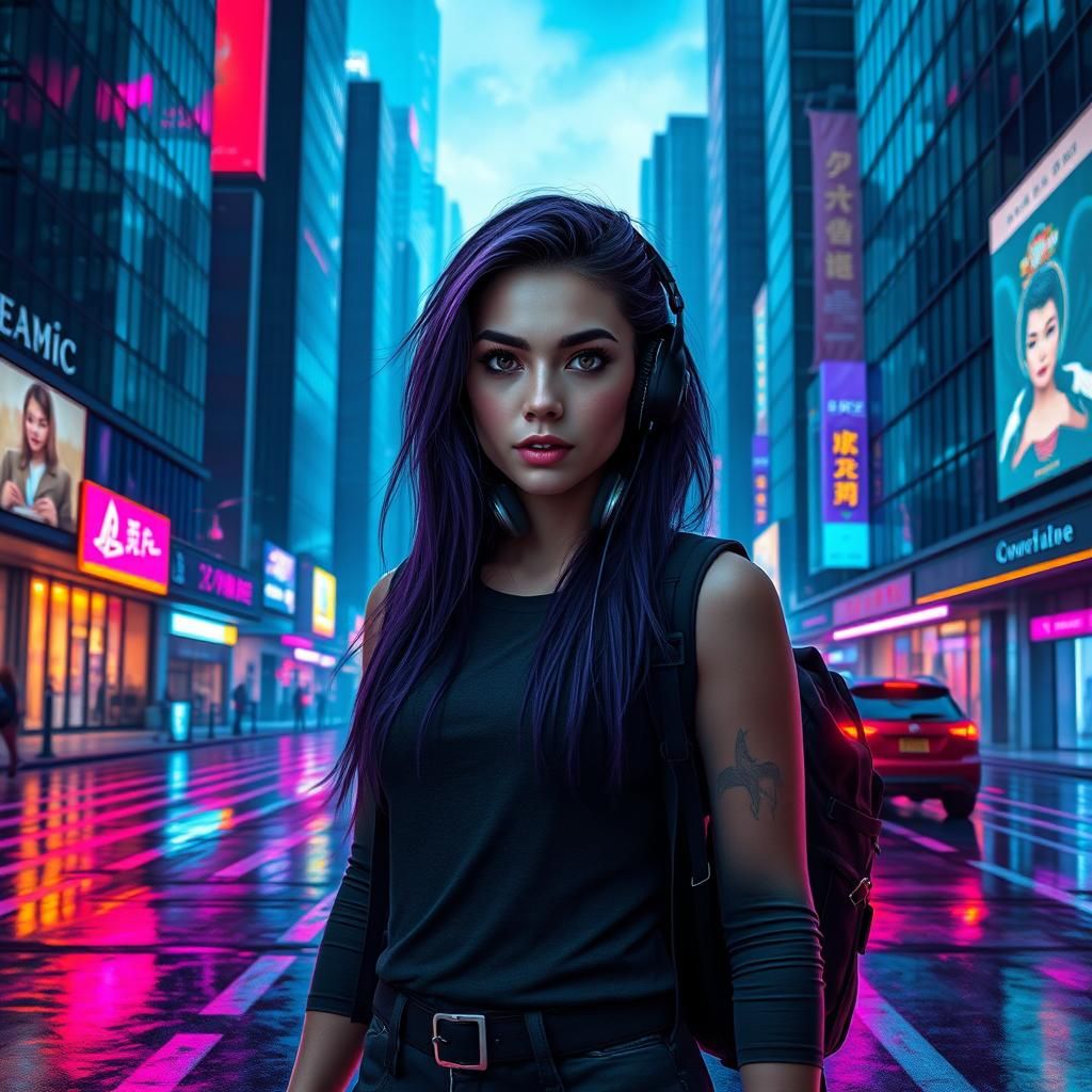 Cyberpunk Woman with Purple Hair in Neon Cityscape