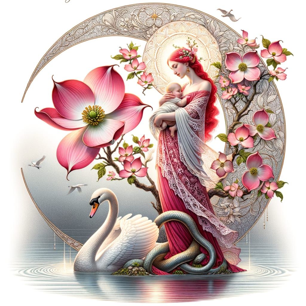 Dogwood Blossom, Swan, and Regal Woman on Moon