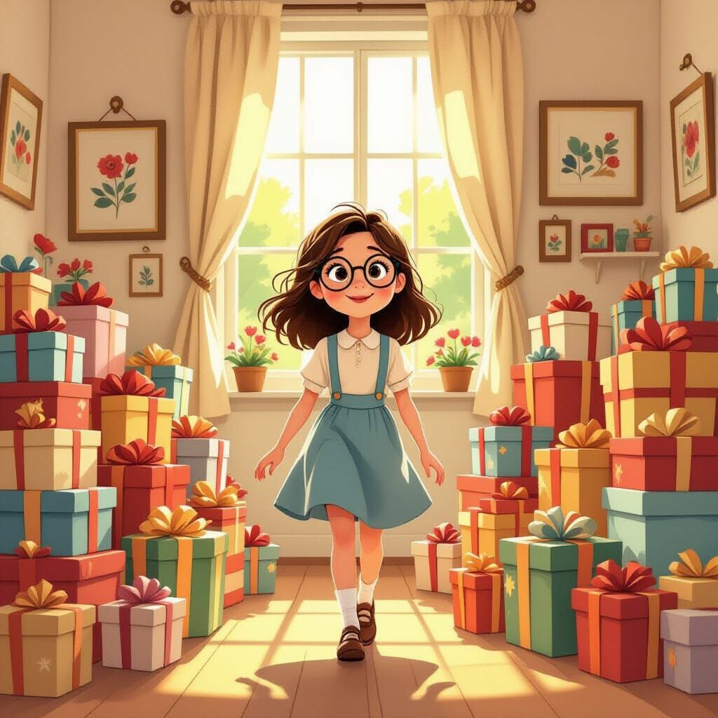 Joyful Birthday Surprise: Girl Enters Gift-Filled Room