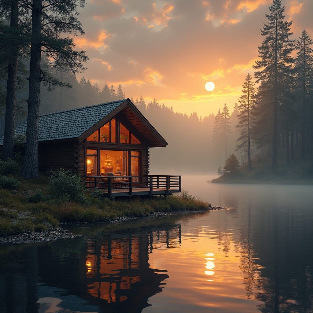 Cozy Scandinavian Cabin at Sunset Over Tranquil Lake