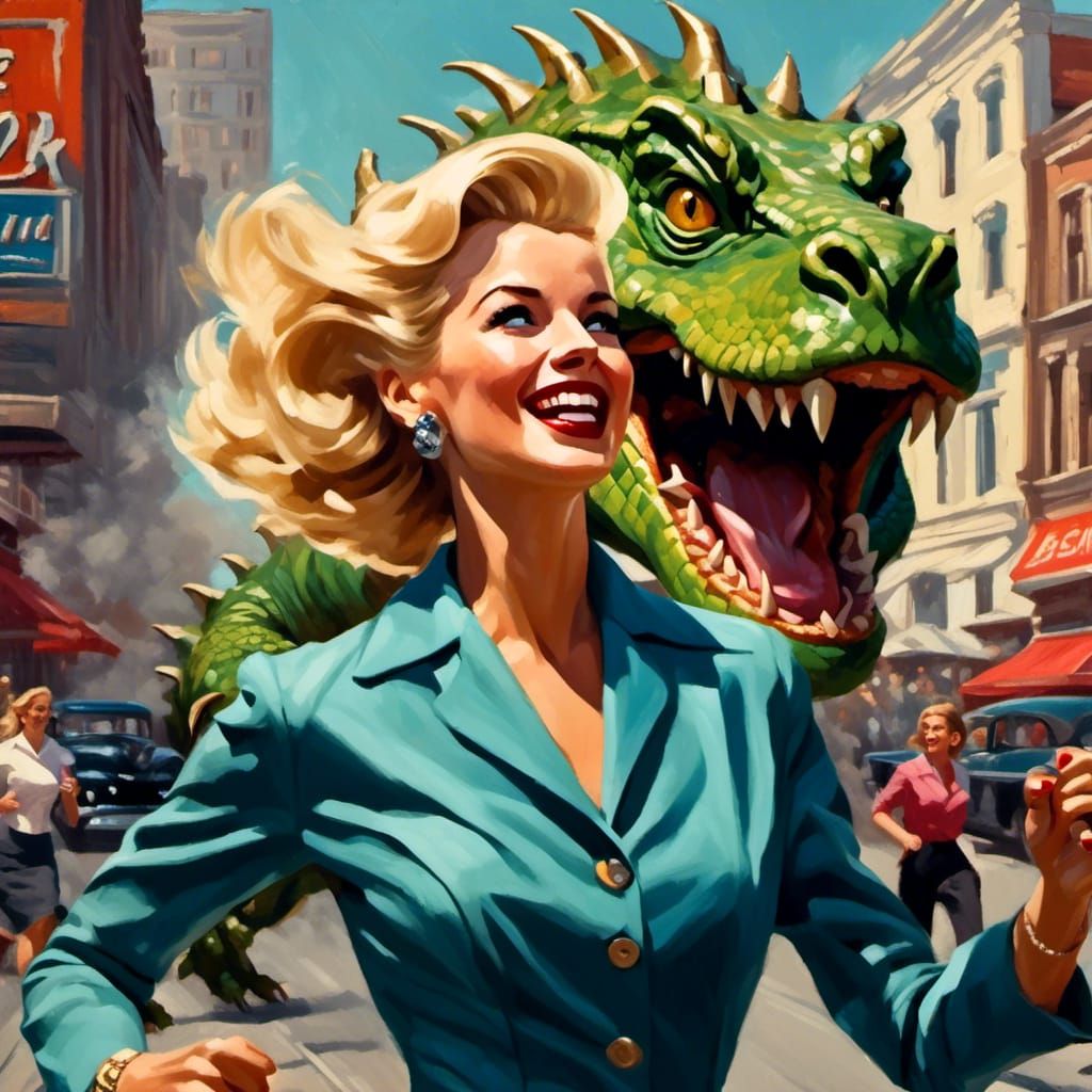 Woman Runs from Dragon Lizard in Pop Art Style