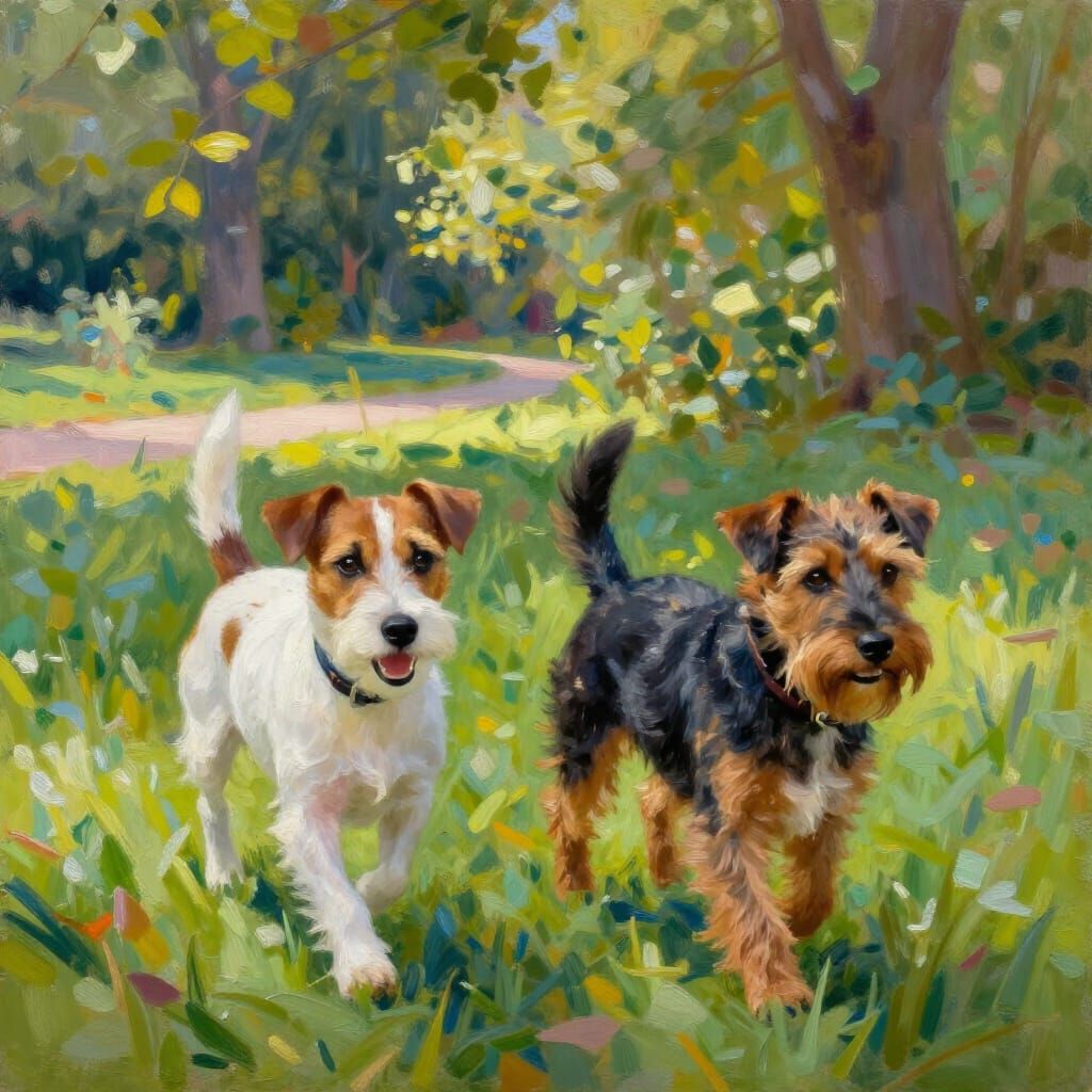 Energetic Dogs in Lush Park as Impressionistic Oil Painting