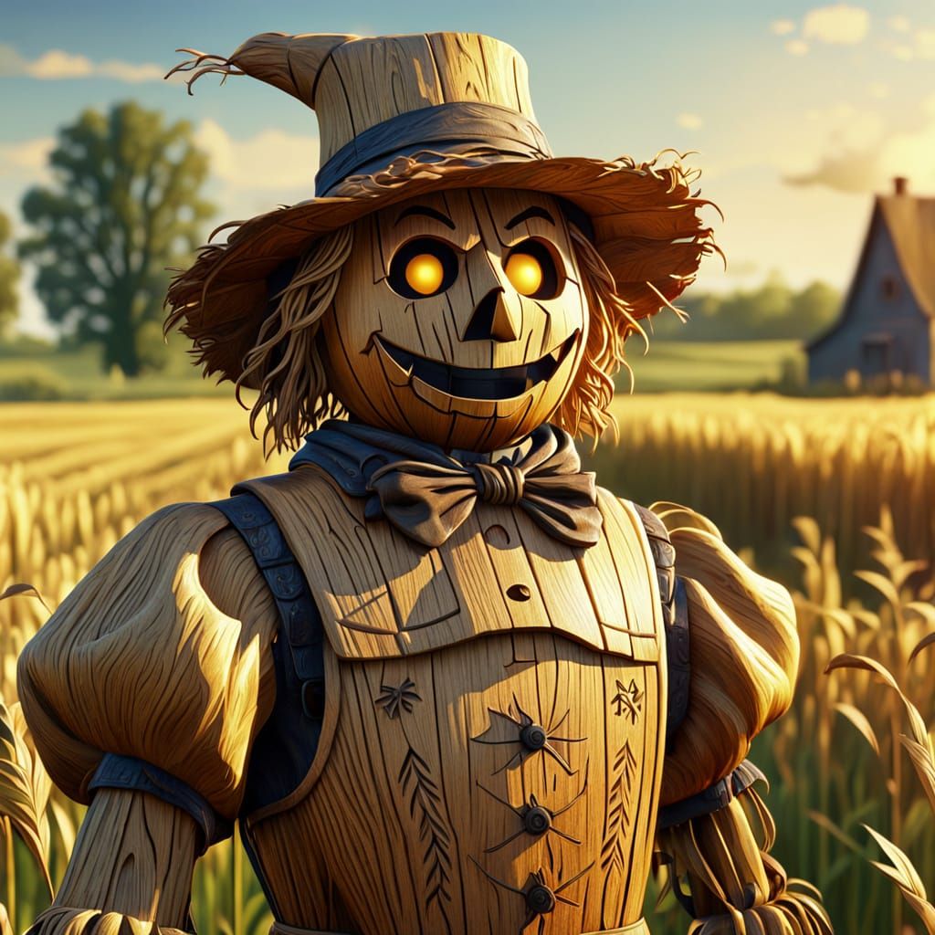 Hyperrealistic Wood Carved Scarecrow in Summer Field