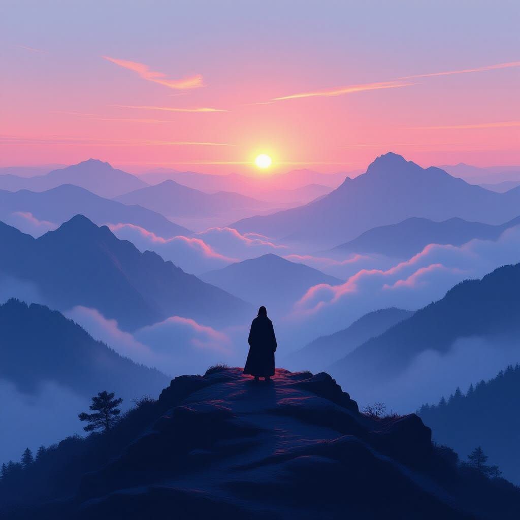 Ethereal Figure on Misty Peak at Dawn