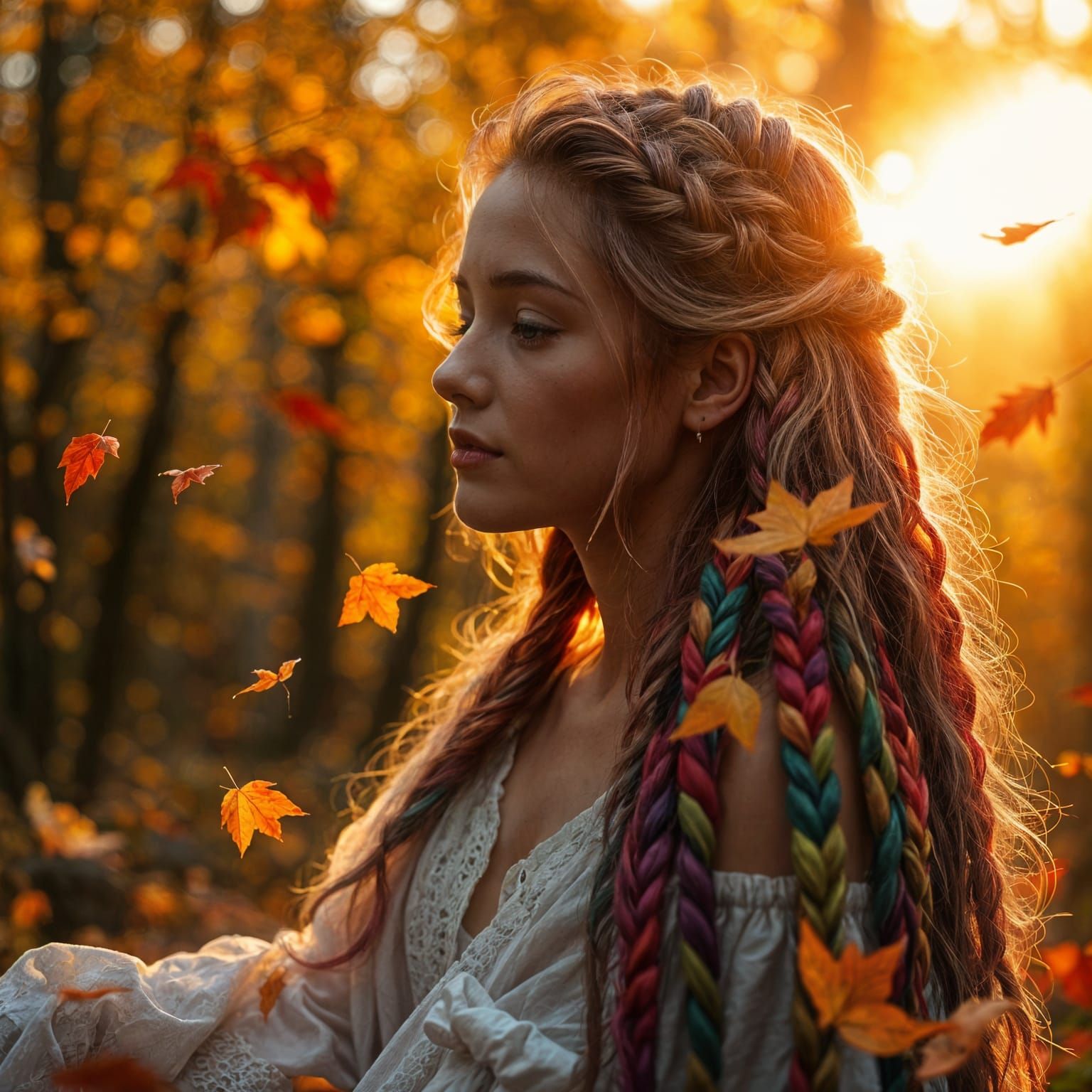 Rainbow Hair in Autumn Forest: Photorealistic Portrait