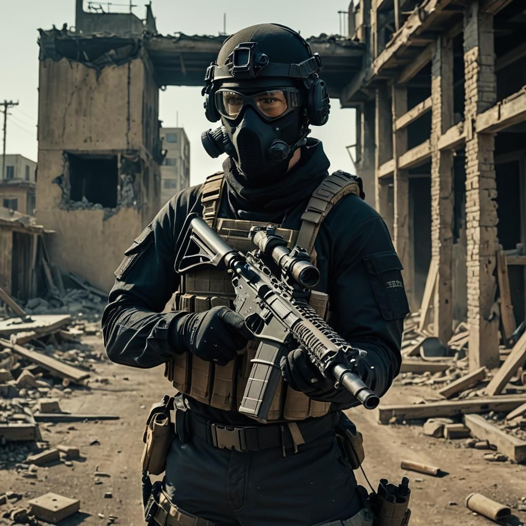 Tactical Operator with AR15 Rifle in Dark Building