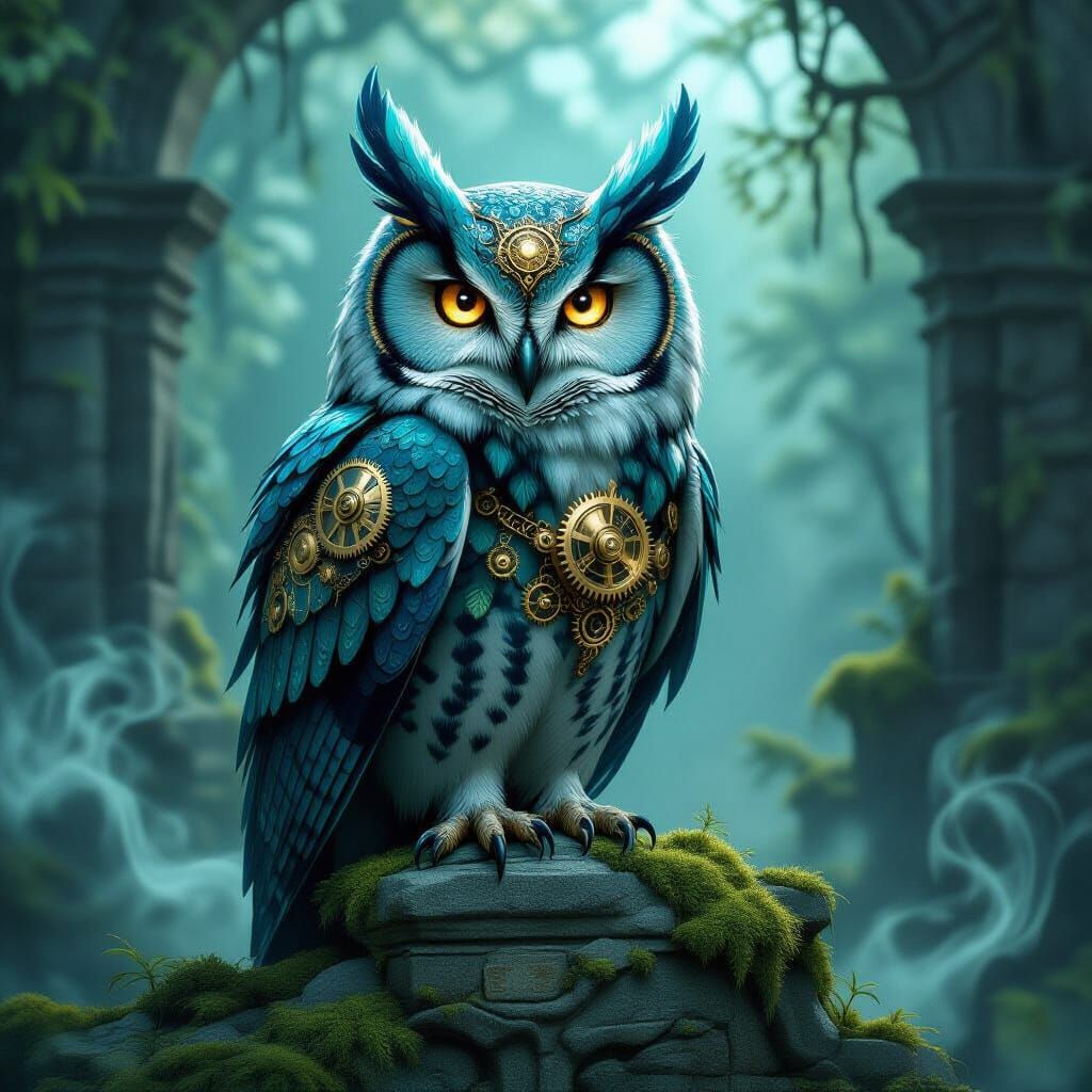 Clockwork Owl on Ancient Ruins in Steampunk Style
