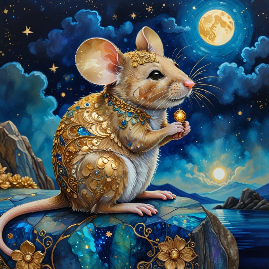 Ornate Mouse by Lake in Klimt-Inspired Painting