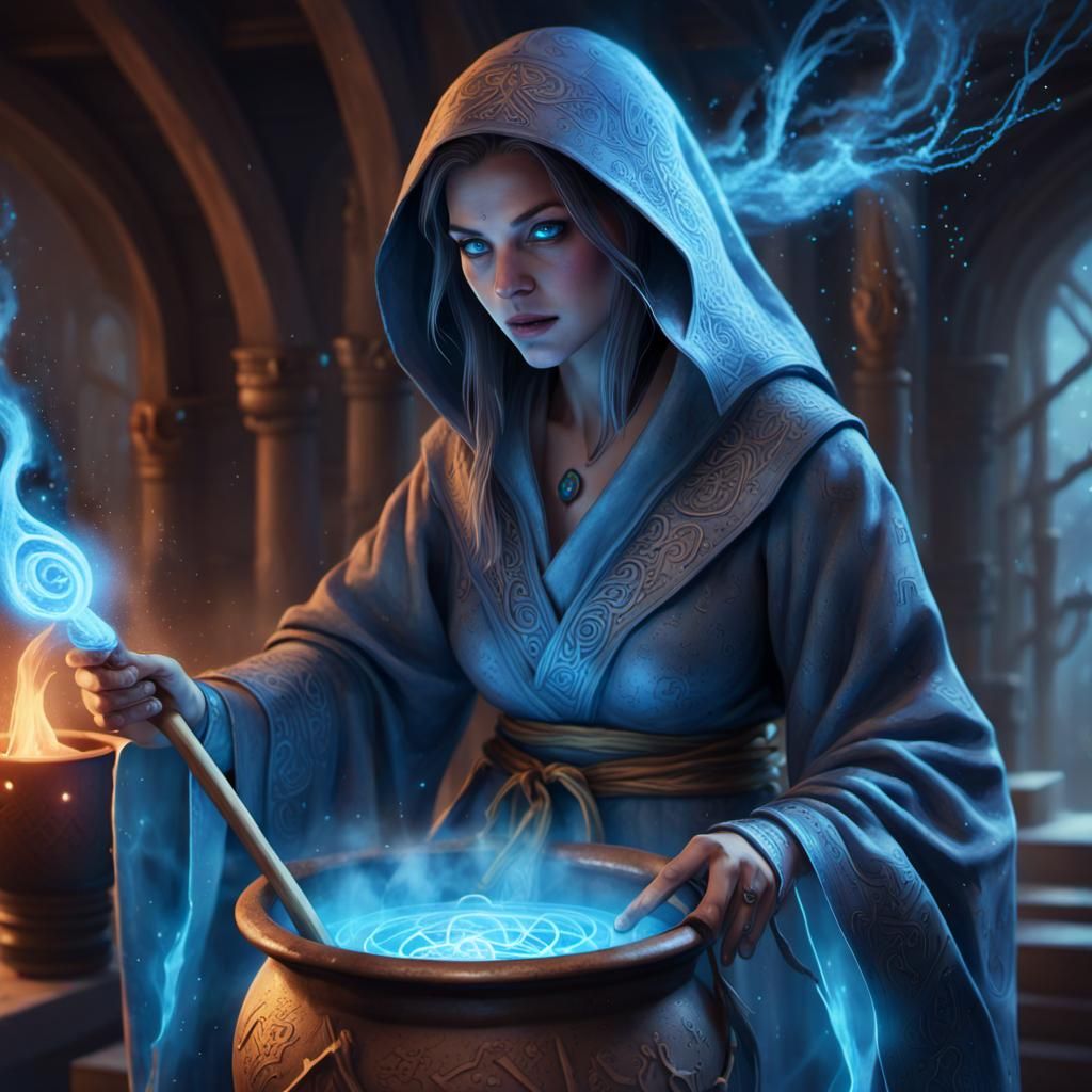 Epic Fantasy Sorceress in Mystical Quantum Cauldron Scene