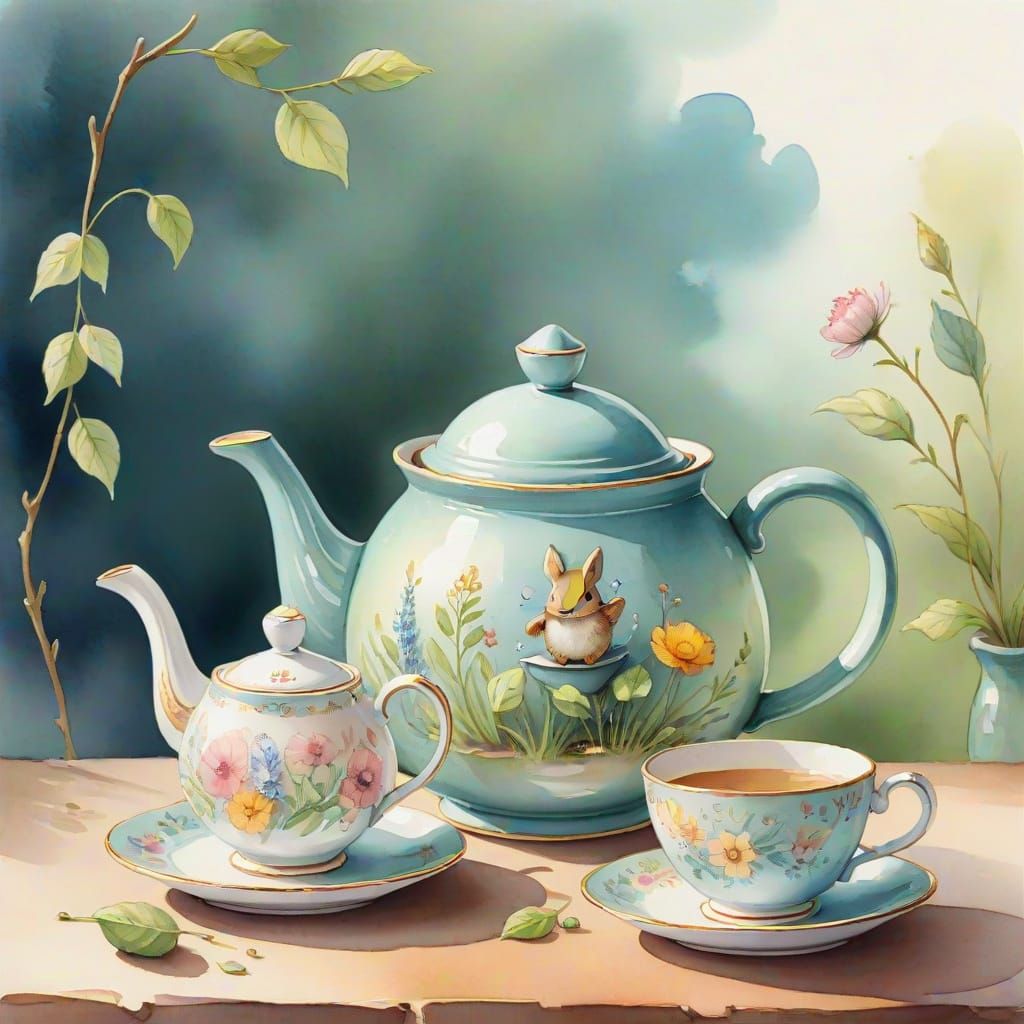 Whimsical Teapot and Teacup Illustration in Beatrix Potter S...