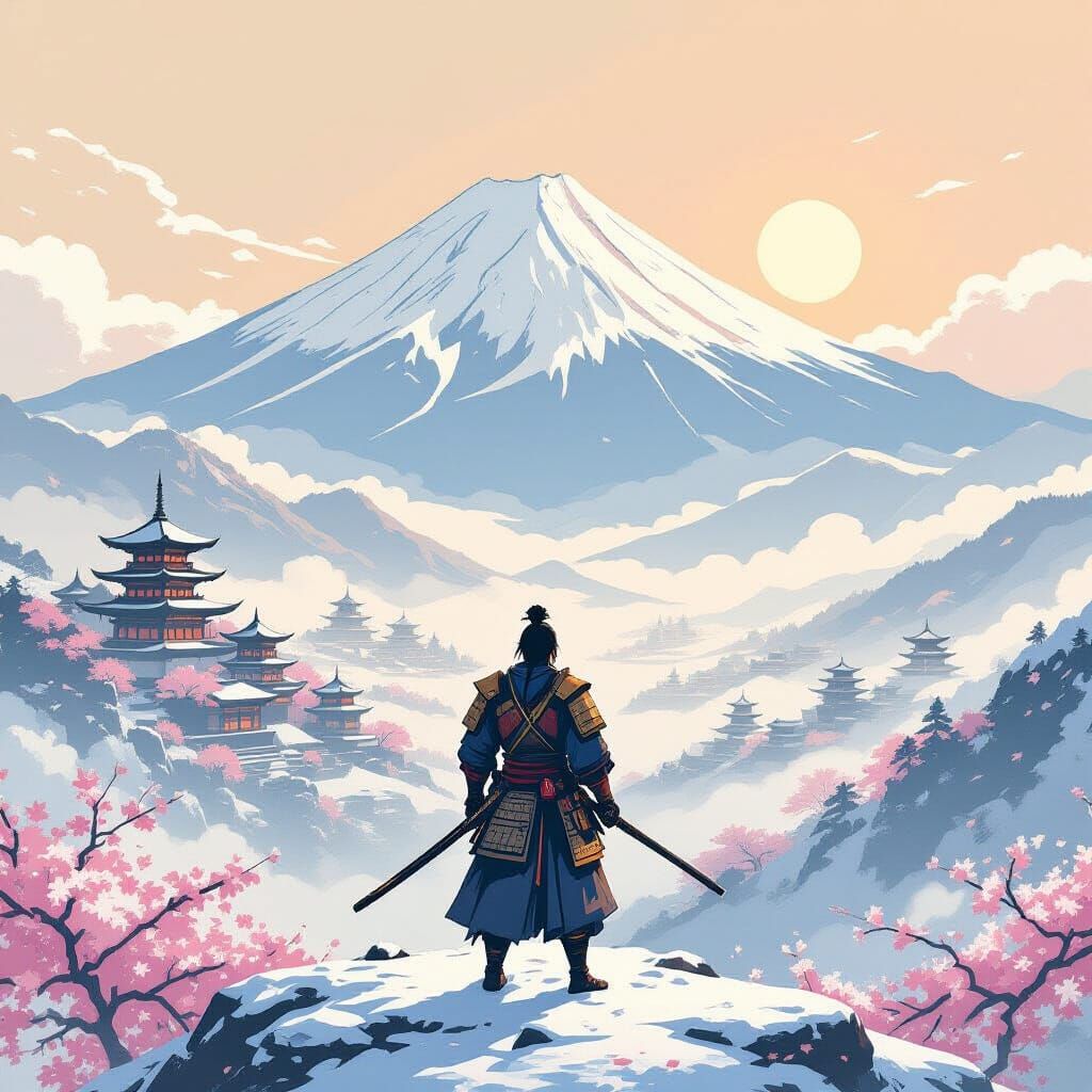 Samurai Warrior Overlooking Feudal Japan Landscape