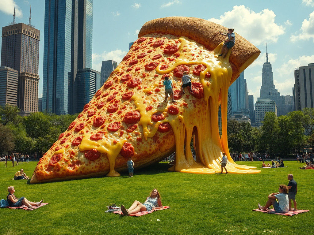 Giant Pizza Slice in City Park, Surreal Art