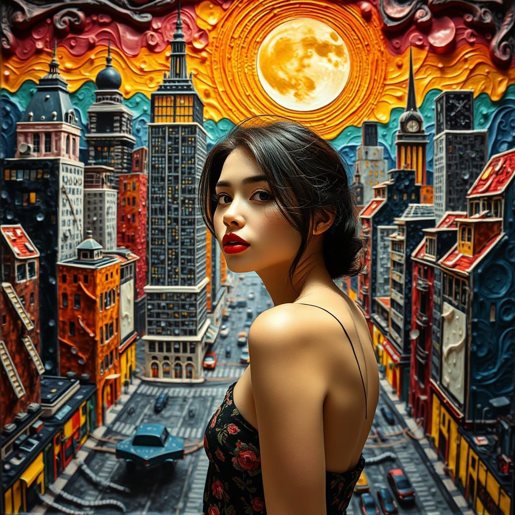 Dreamlike Cityscape in Vibrant Embossed Relief