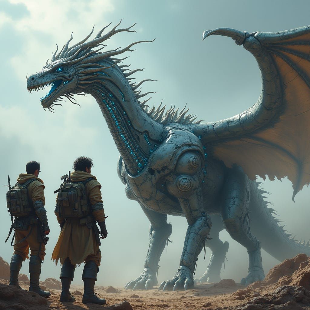 Cybernetic Dragon and Characters in Dystopian Sci-Fi Setting