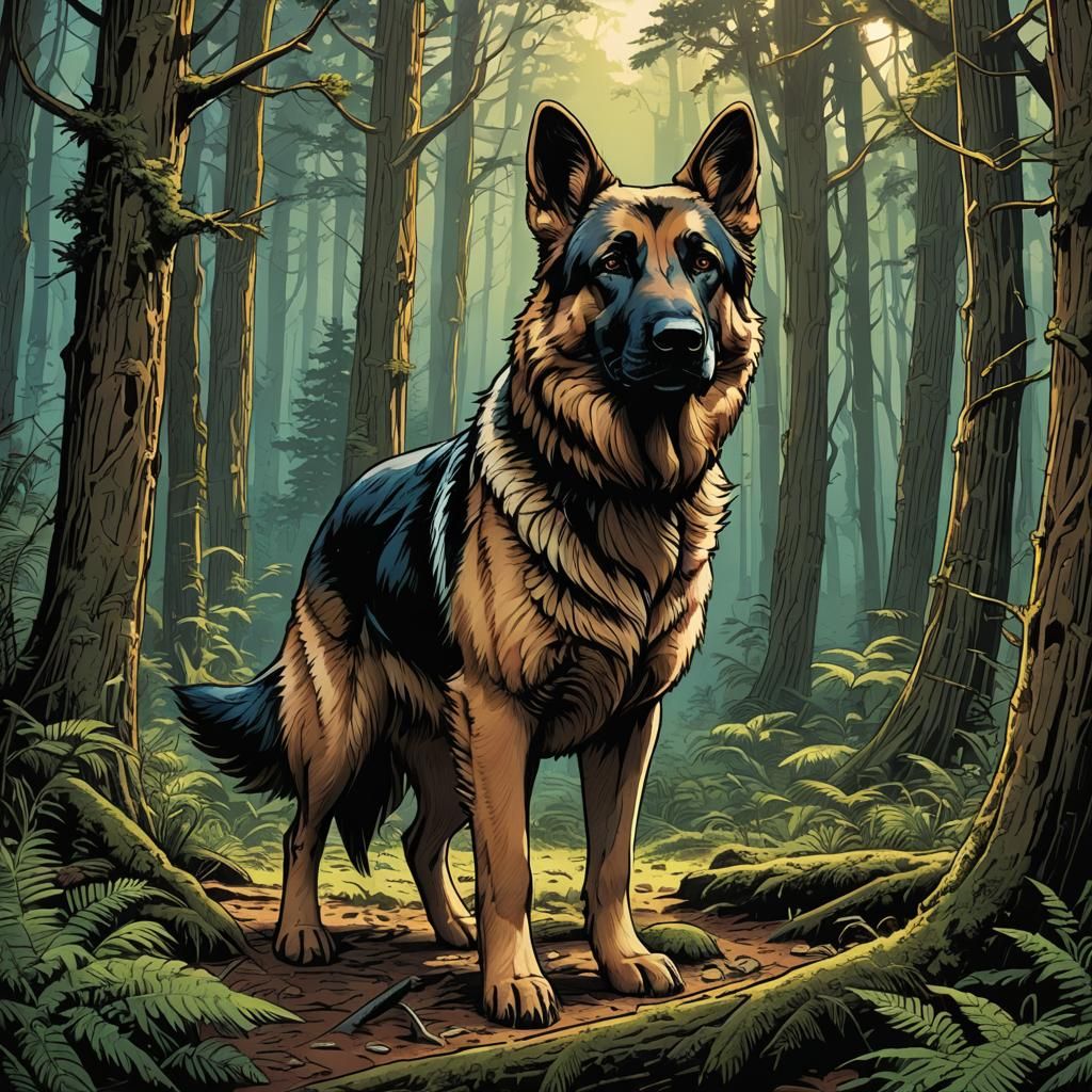 Sable German Shepherd in Comic Book Art Style