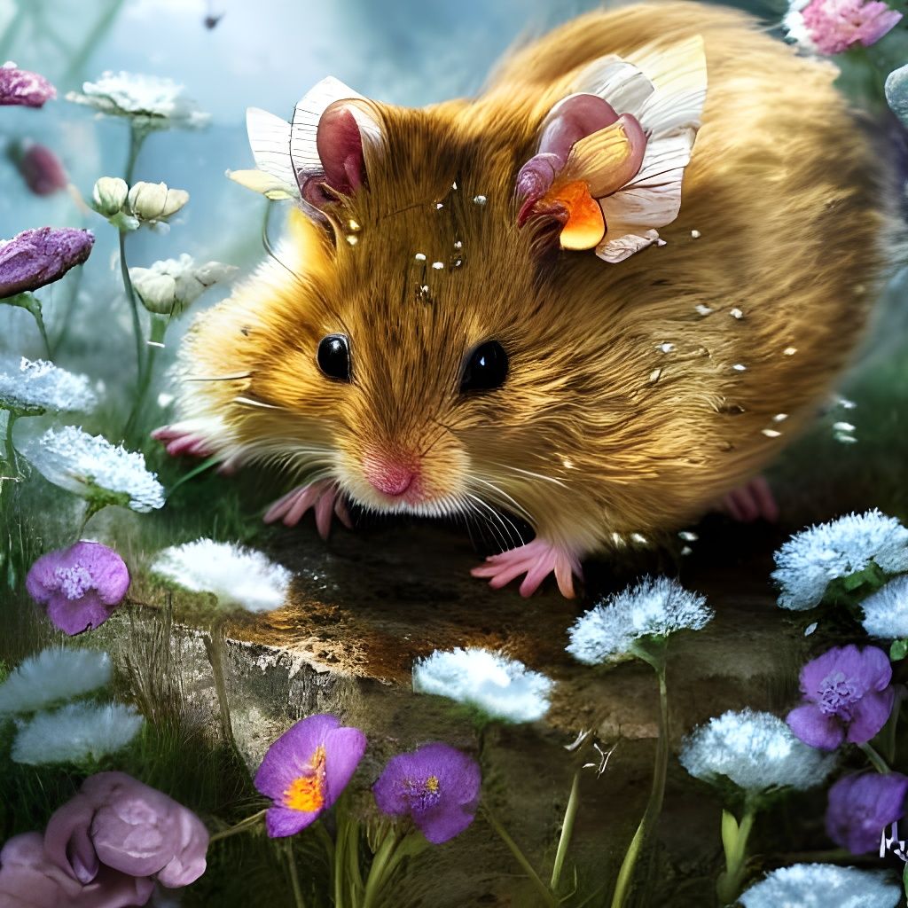 Golden Hamster in Flowers: Hyperdetailed Fantasy Art