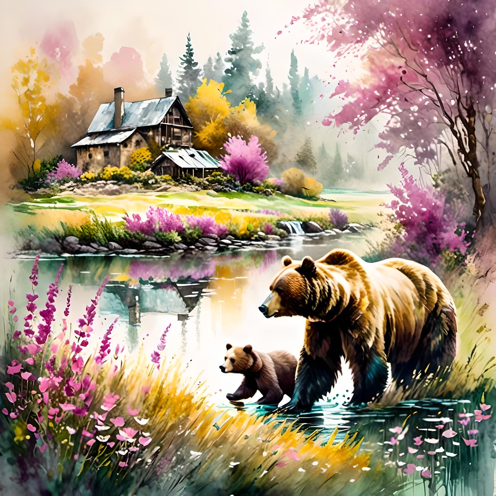 A beautiful scene with a  bear hunting fish with cub,