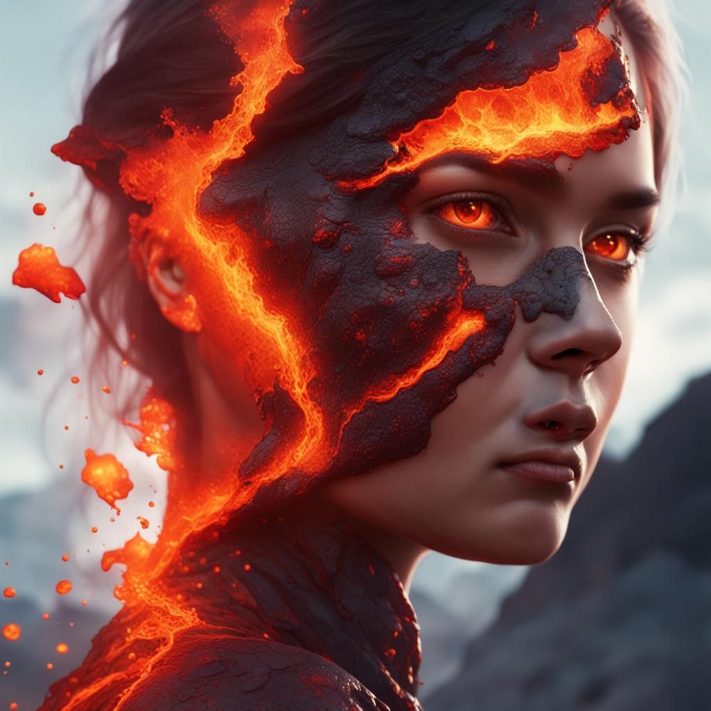 double exposure art, lava through girl's face