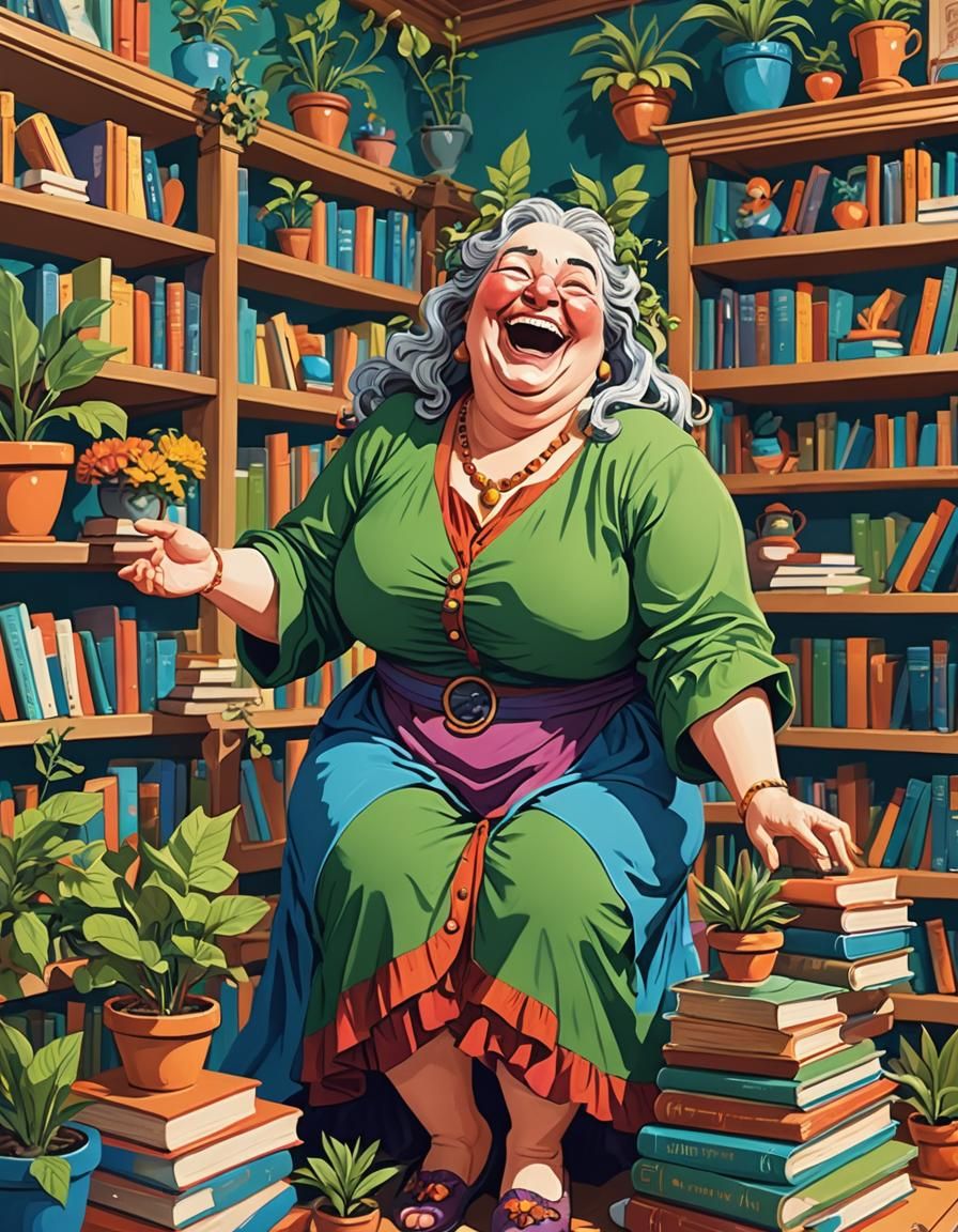 Joyful Woman in Whimsical Cluttered Library Illustration