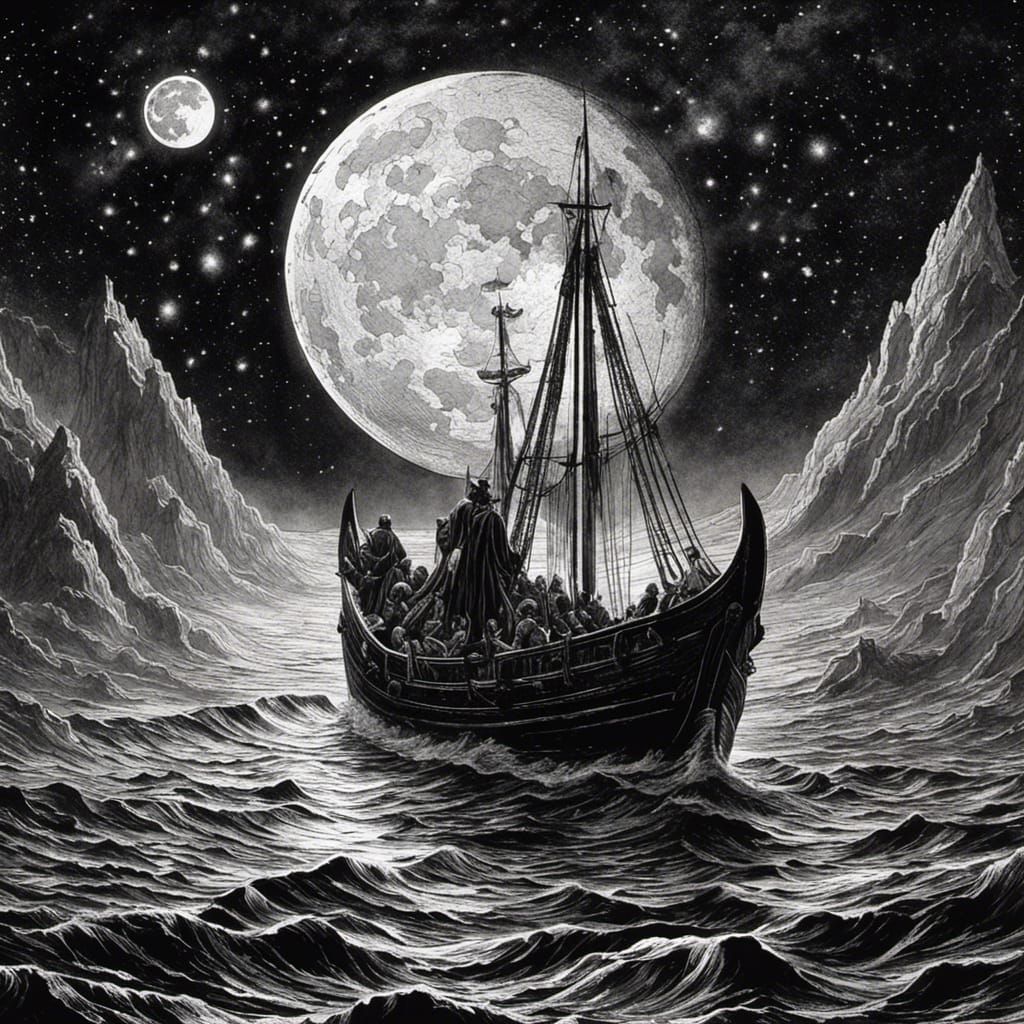 Charon Crossing the Styx: Detailed Ink Fantasy