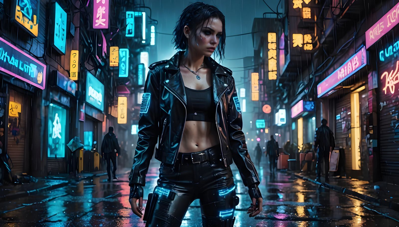 Cyberpunk Woman with Neon Implants in Rainy City