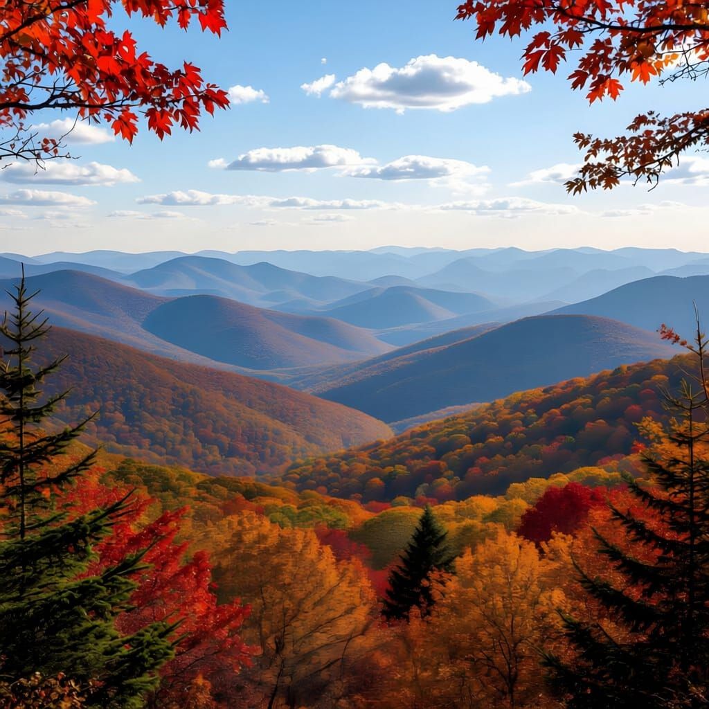 Vibrant Autumn Mountain Range Panorama with Fiery Foliage