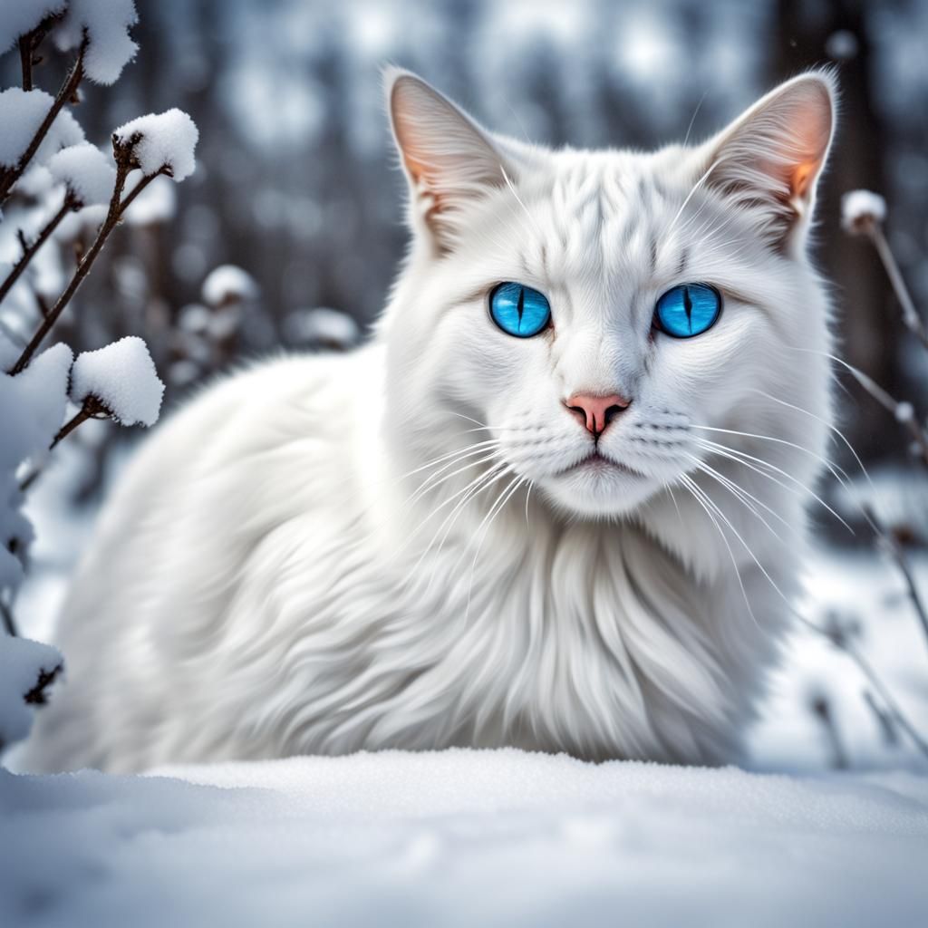 White Cat with Blue Eyes in Snowy Scene