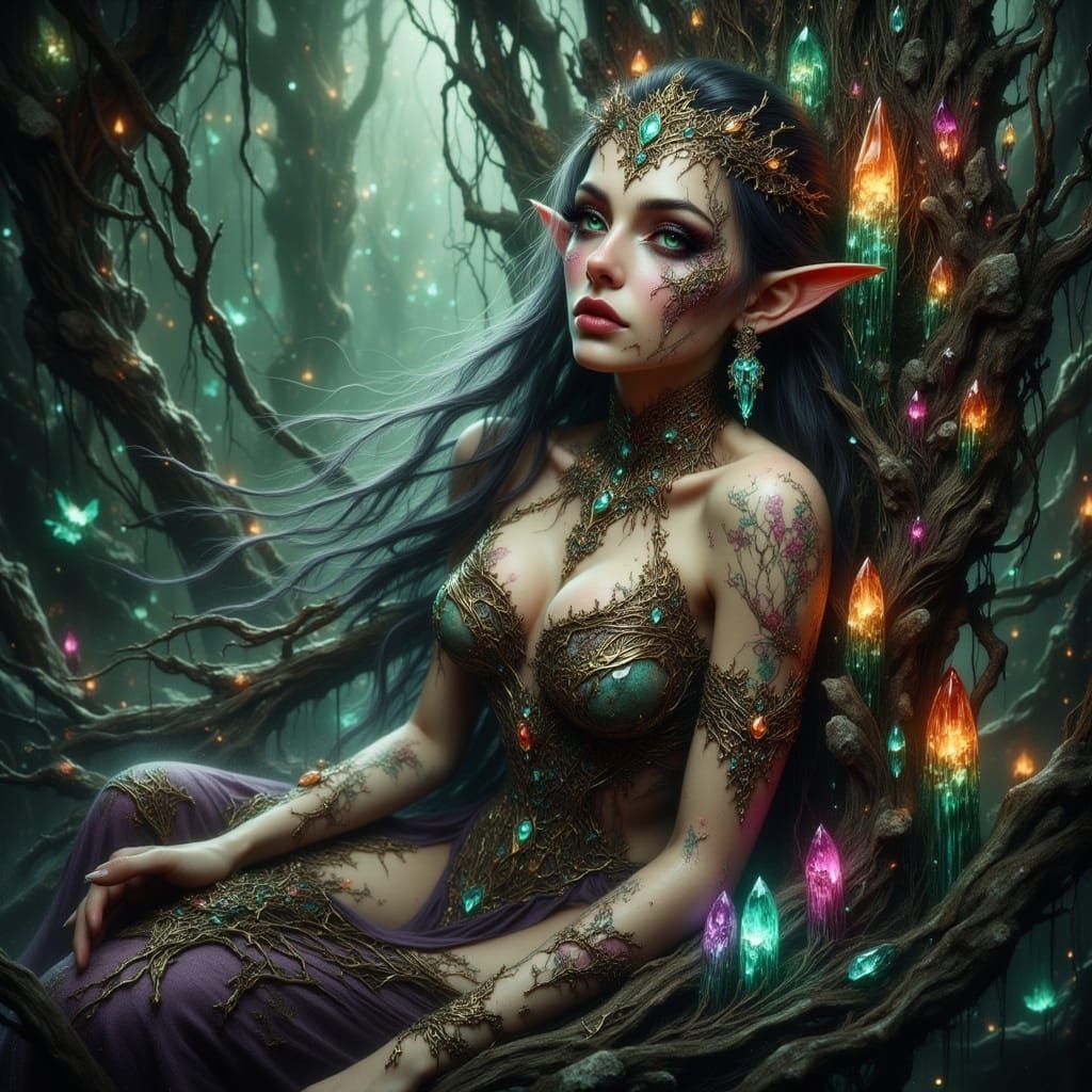 Elven Queen on Crystal Throne in Art Nouveau Style