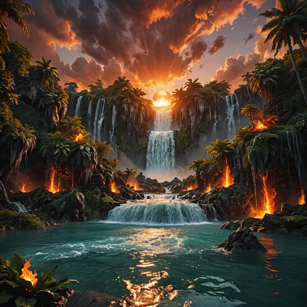 Epic Dragon Waterfall Under Fiery Sunset