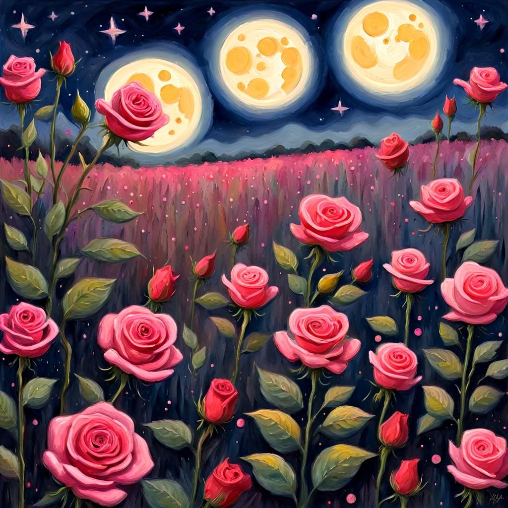 Rose Field Under Smiley Moon in Gouache Style