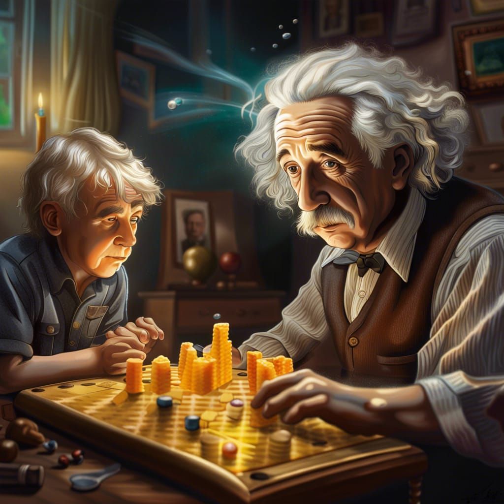Einstein's Chess Match with Son: Hyperrealistic Photo