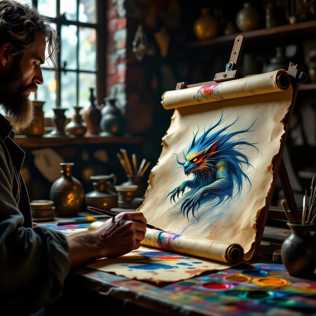 Artist's Hand Sketching Fantasy Creature in Studio