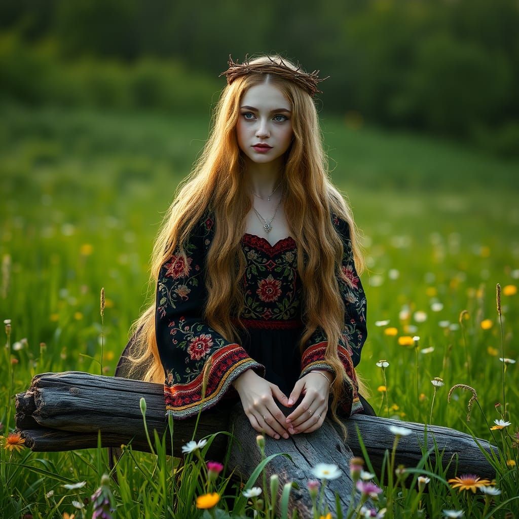 Mavka on Weathered Cross in Emerald Field