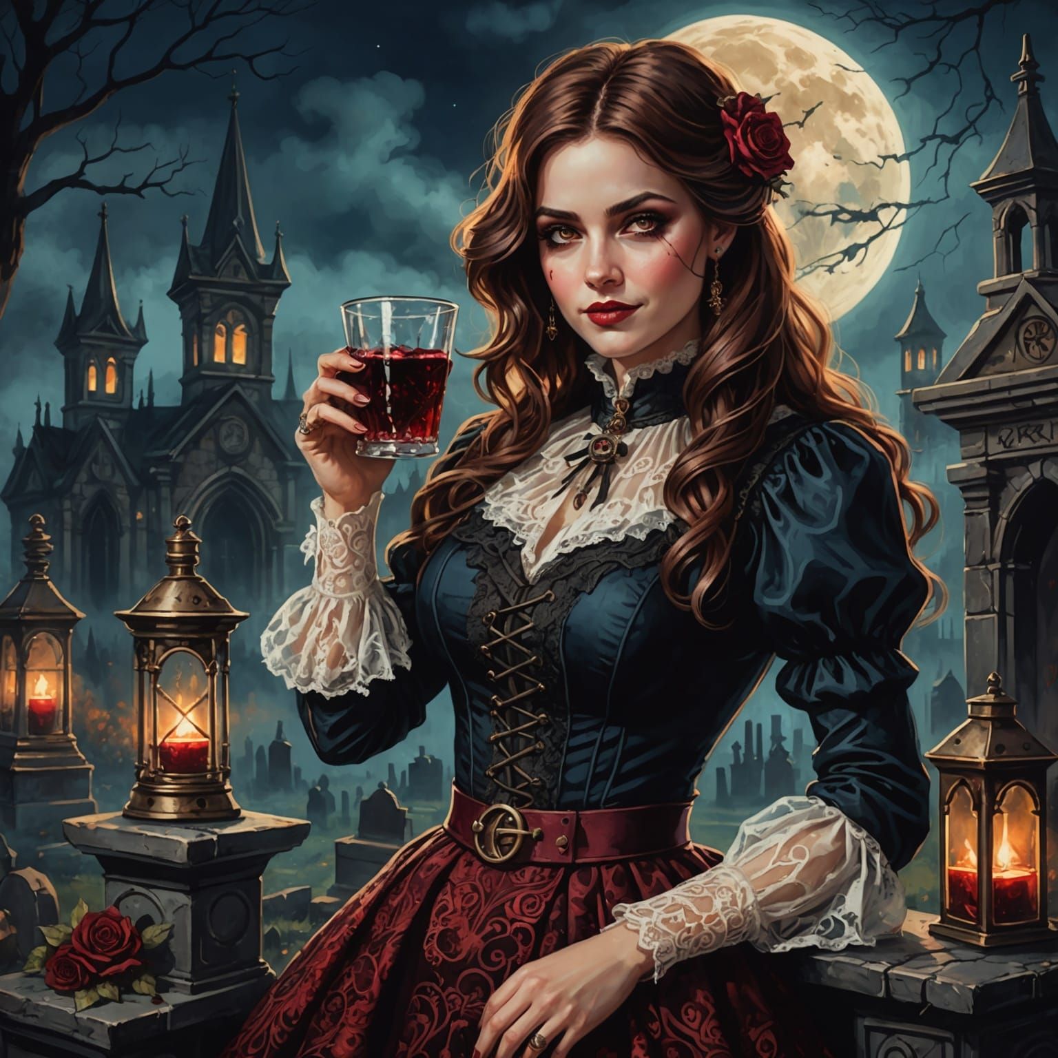 Woman with Ruby Eyes Drinking Blood, Alcohol Ink Style