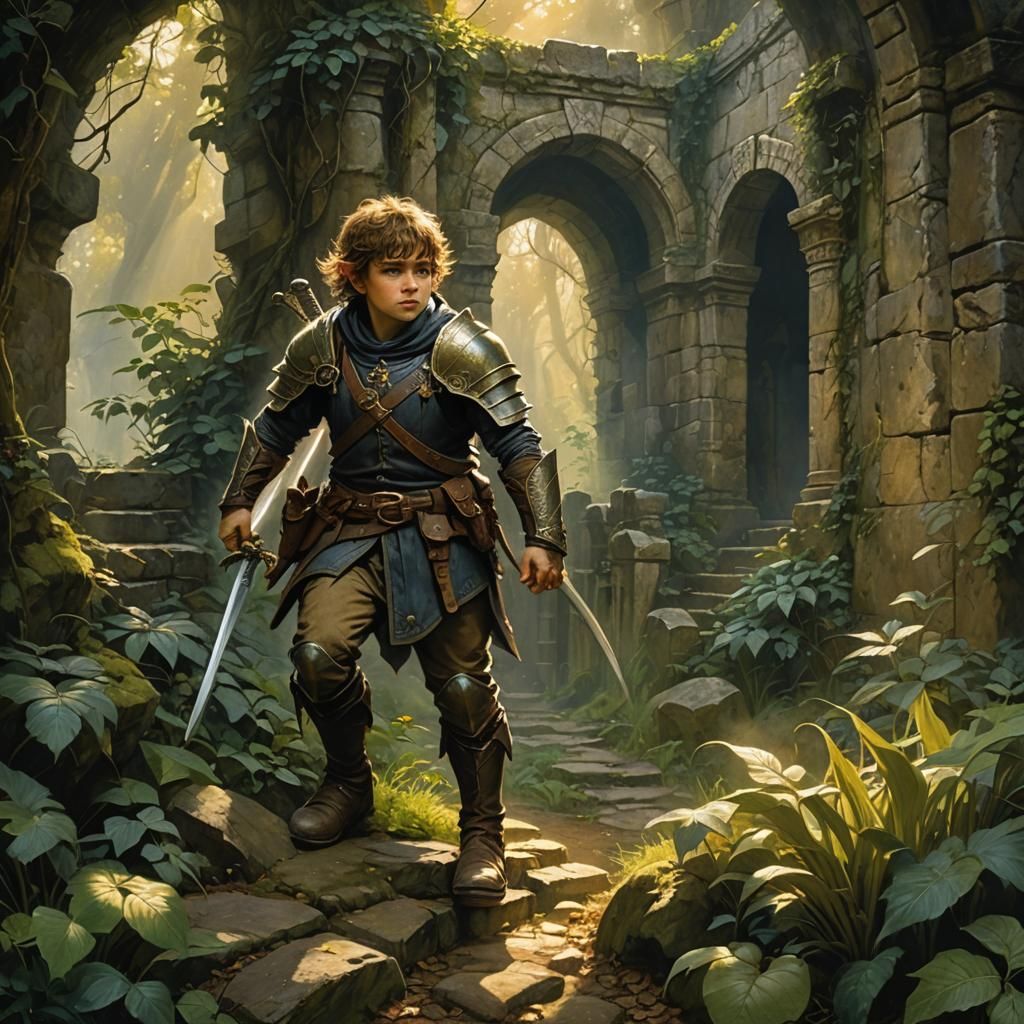 Halfling Rogue in Ancient Ruins: Fantasy Art